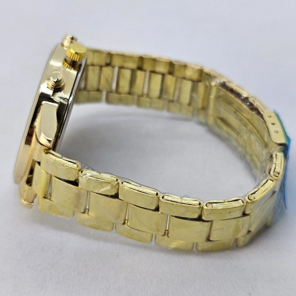 3PC Men's Watch Bracelet Necklace Set 41MM Black Dial Date Gold Bracelet Band 7